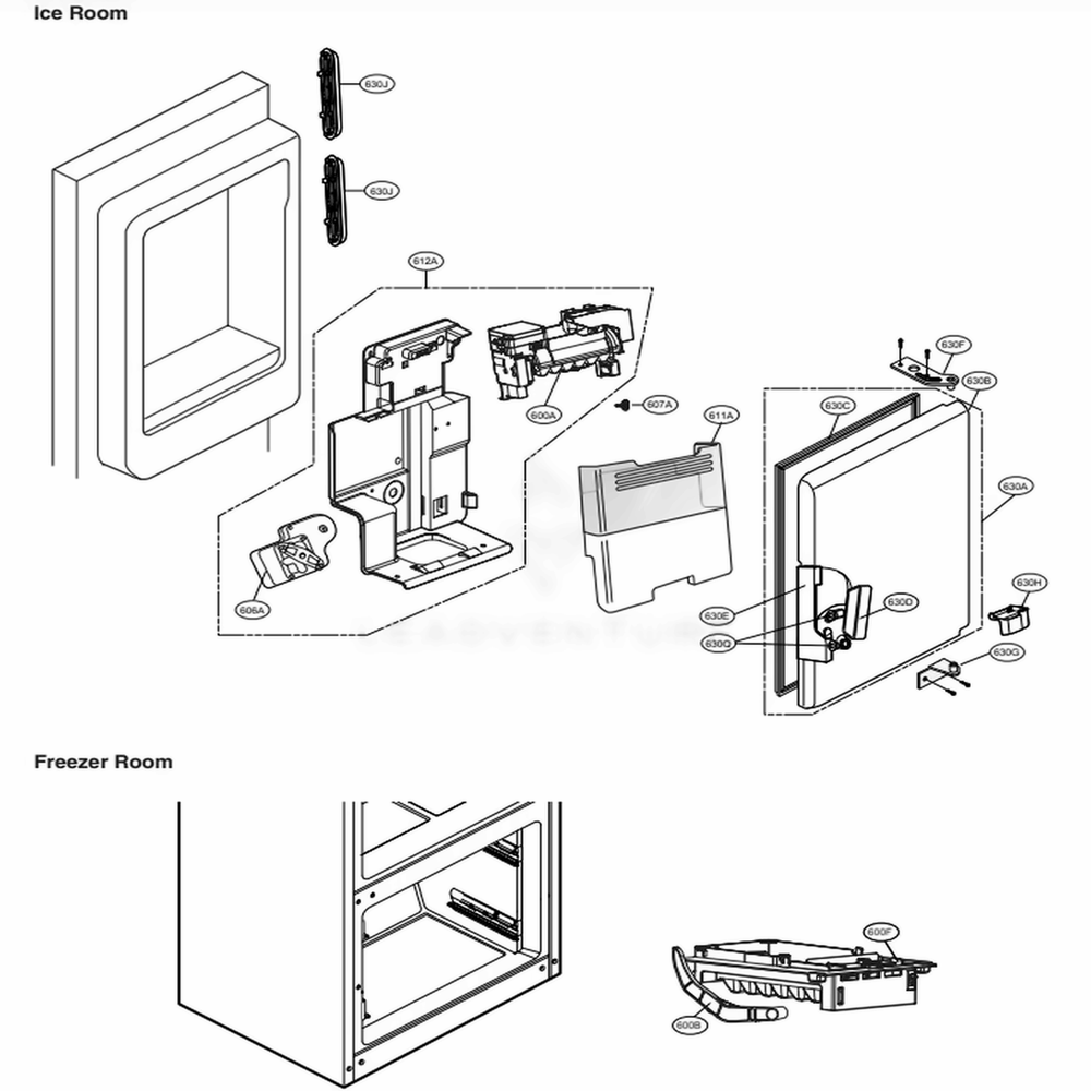 Ice Maker And Ice Bin Parts Diagram and Parts List for LFX28979ST ASTCNA1 LG Refrigerator