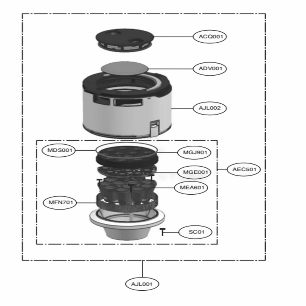 Tank Assembly Diagram and Parts List for R975GM AIGELGA LG Canister Vacuum