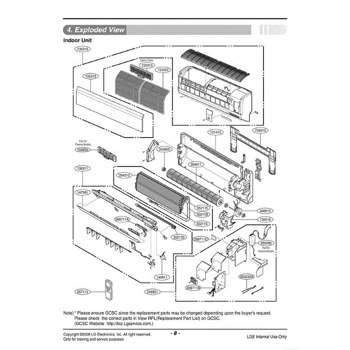 Section Diagram and Parts List for LSN092HE AWHBEUS LG Air Conditioner