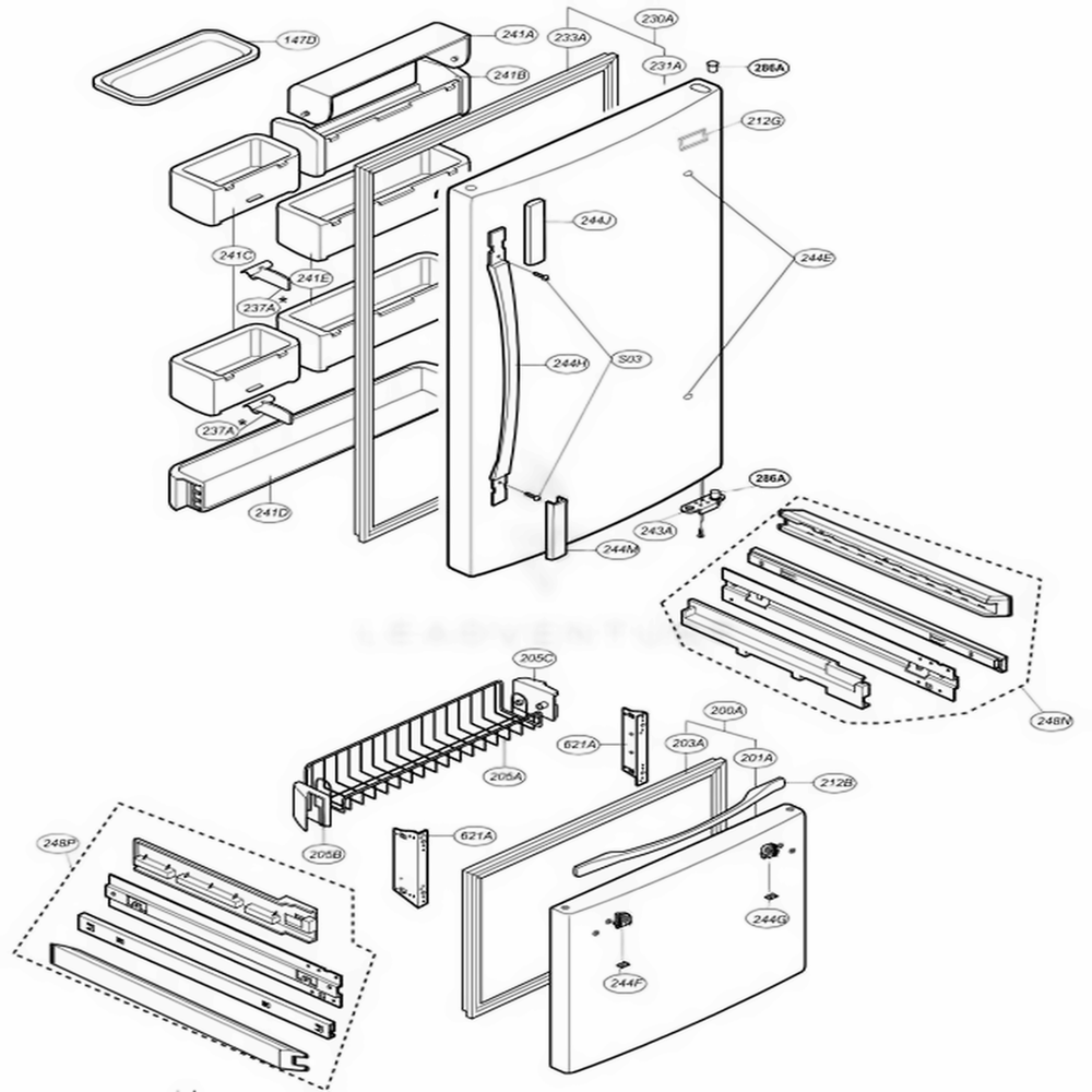 Door Parts 1 Diagram and Parts List for LRDN20725SW ASWCLGX LG Refrigerator