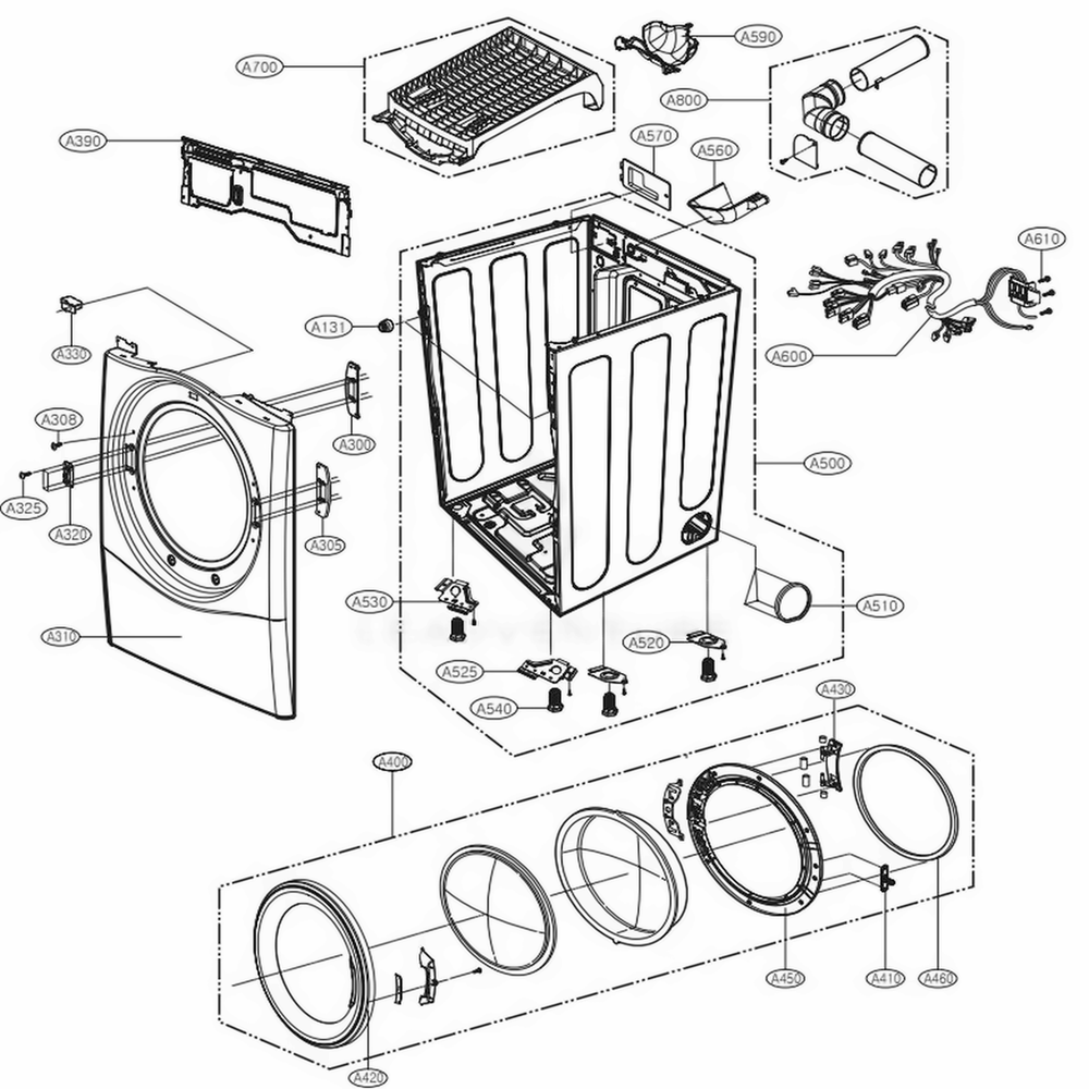 Cabinet And Door Assembly Electric Type Diagram and Parts List for DLEX3250W ABWEEUS LG Dryer
