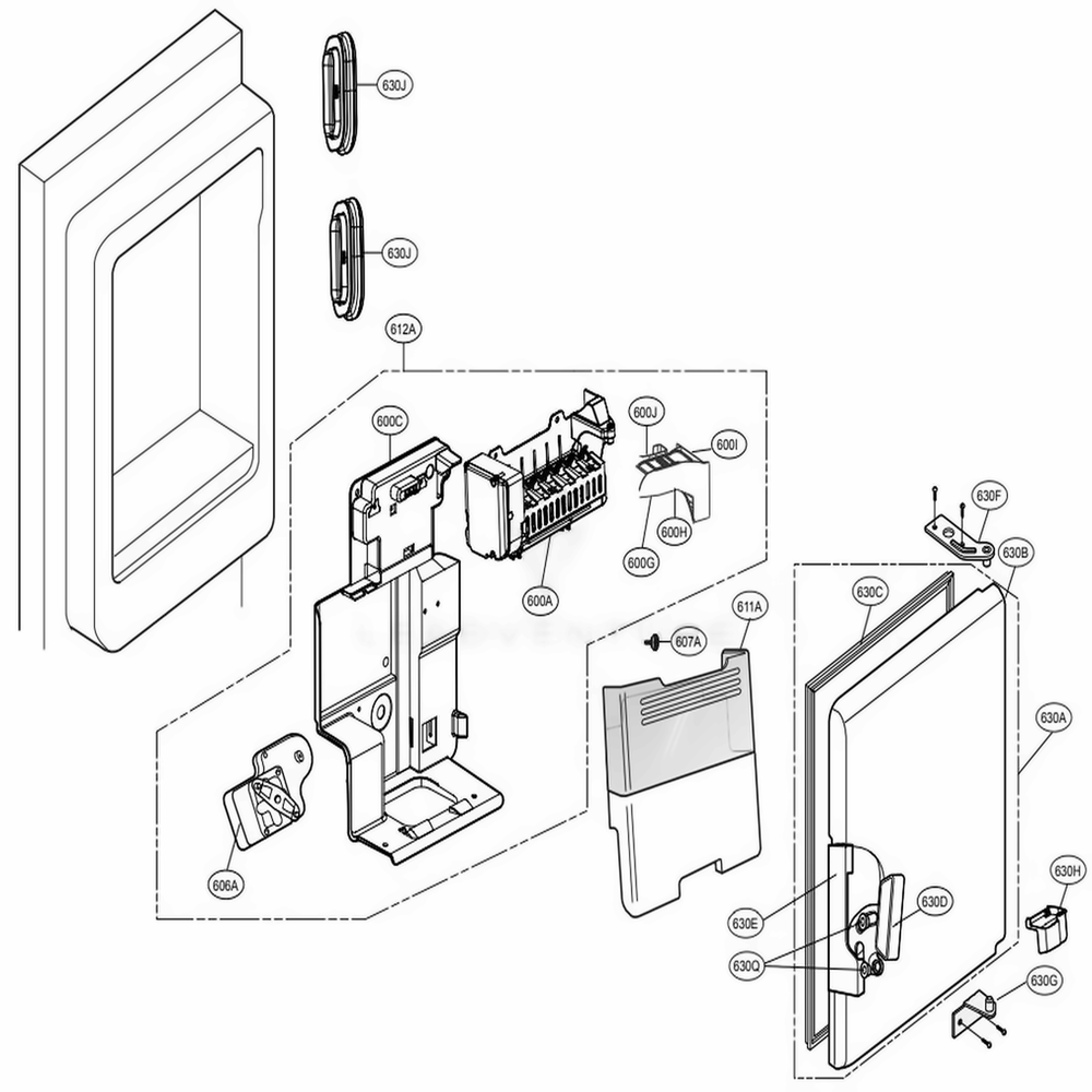 Ice Maker And Ice Bin Parts Diagram and Parts List for 74042 ASWCSE1 LG Refrigerator