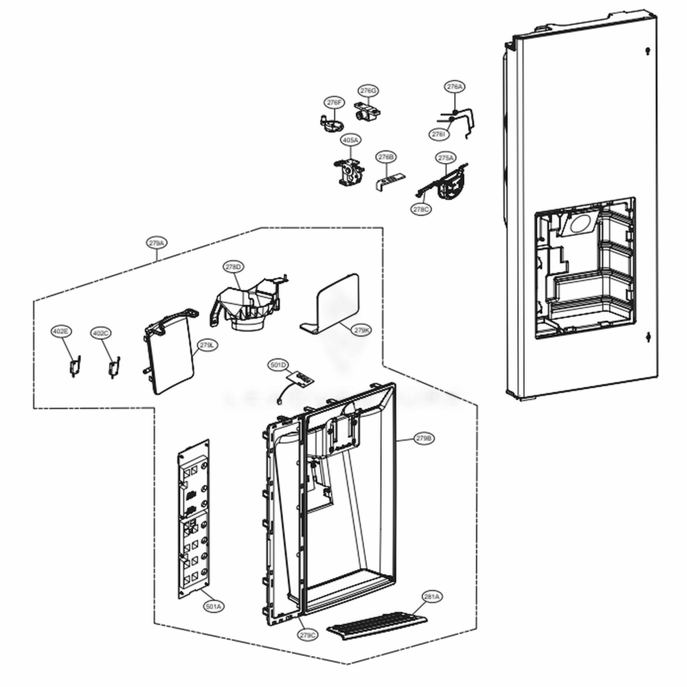 Dispenser Parts Diagram and Parts List for LMXS30776S ASTCNA0 LG Refrigerator
