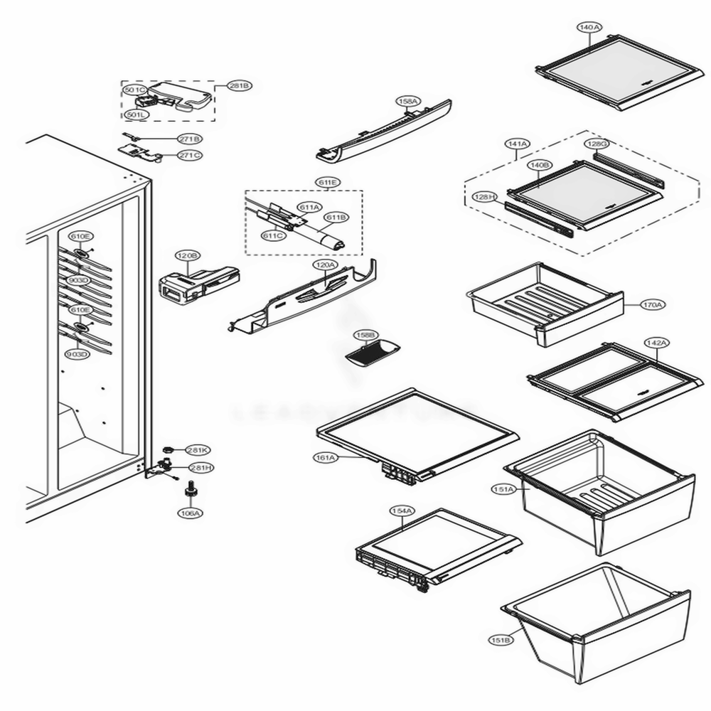 Refrigerator Compartment Diagram and Parts List for 51379 AWB2SER LG Refrigerator