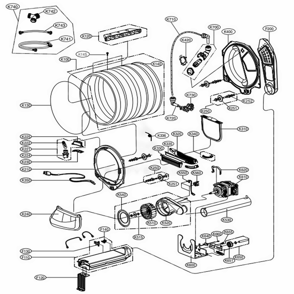 Drum And Motor Assembly Diagram and Parts List for 61422 ABWESEU LG Dryer