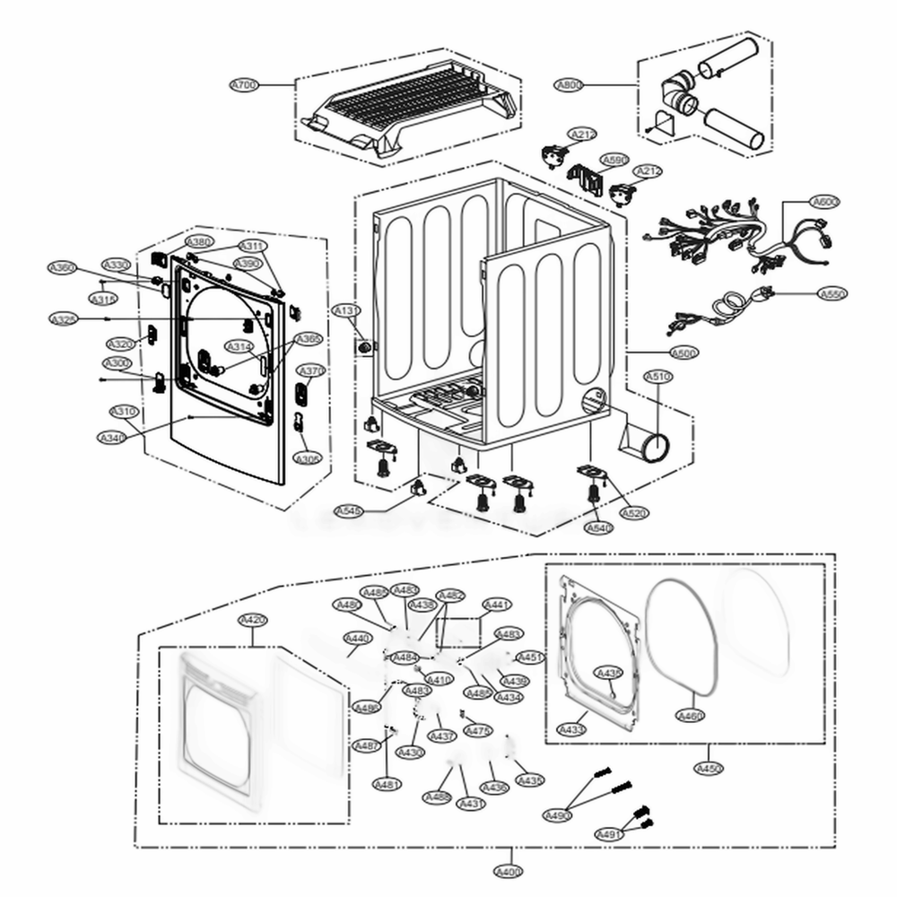 Cabinet And Door Assembly: Gas Type Diagram and Parts List for DLGX7601KE ABSEEUS LG Dryer