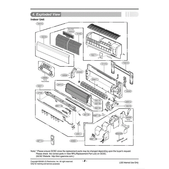 Section Diagram and Parts List for LSN122CE AWHBEUS LG Air Conditioner