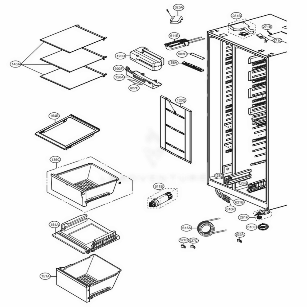 Refrigerator Compartment Diagram and Parts List for LSXS26336S ASTCNA0 LG Refrigerator