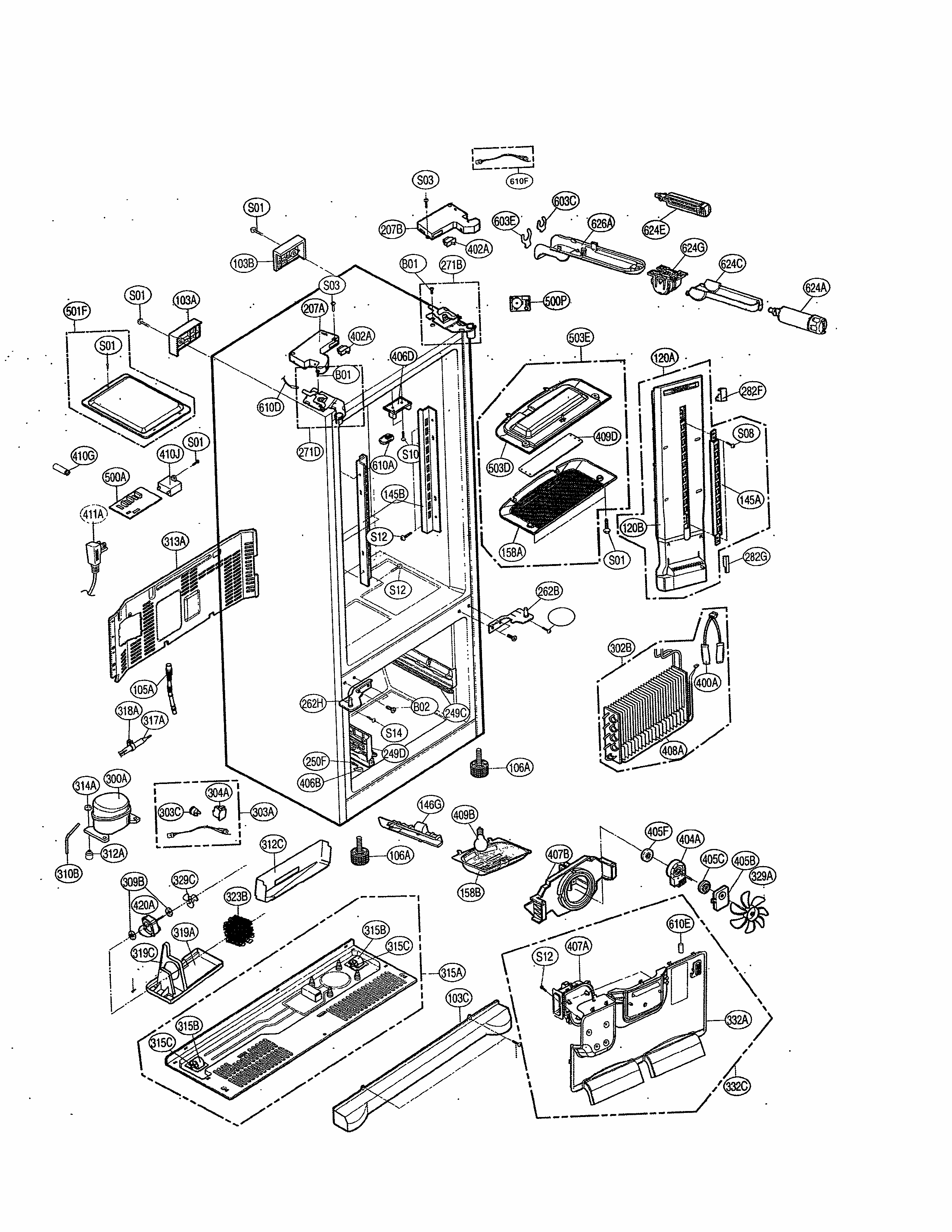 Case Diagram and Parts List for 79570322310  Kenmore Refrigerator