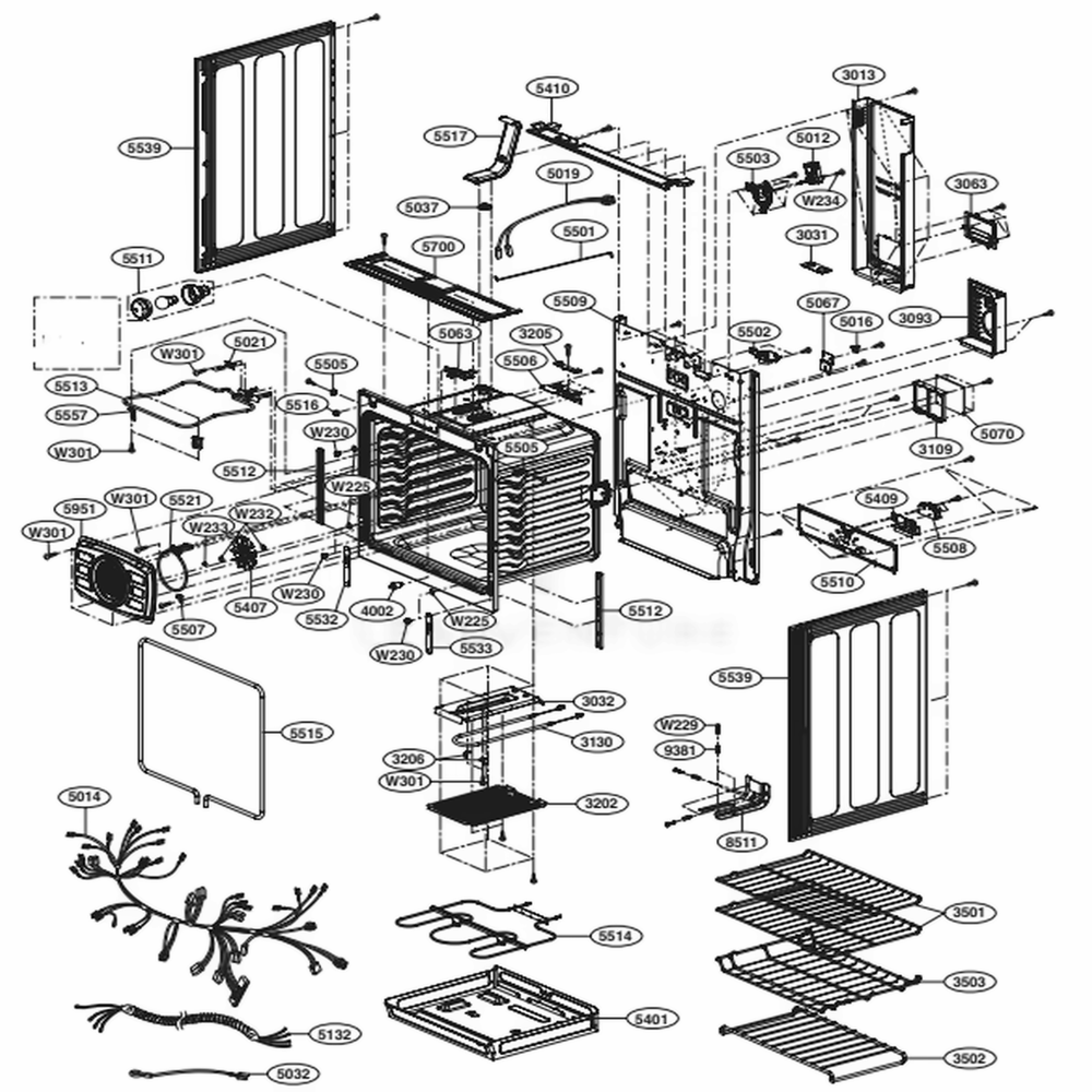 Cavity Parts Diagram and Parts List for LRE3085ST FSTLLGA LG Wall Oven