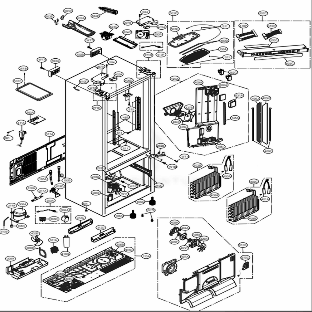 Case Parts Diagram and Parts List for 74053 ASTCSE1 LG Refrigerator