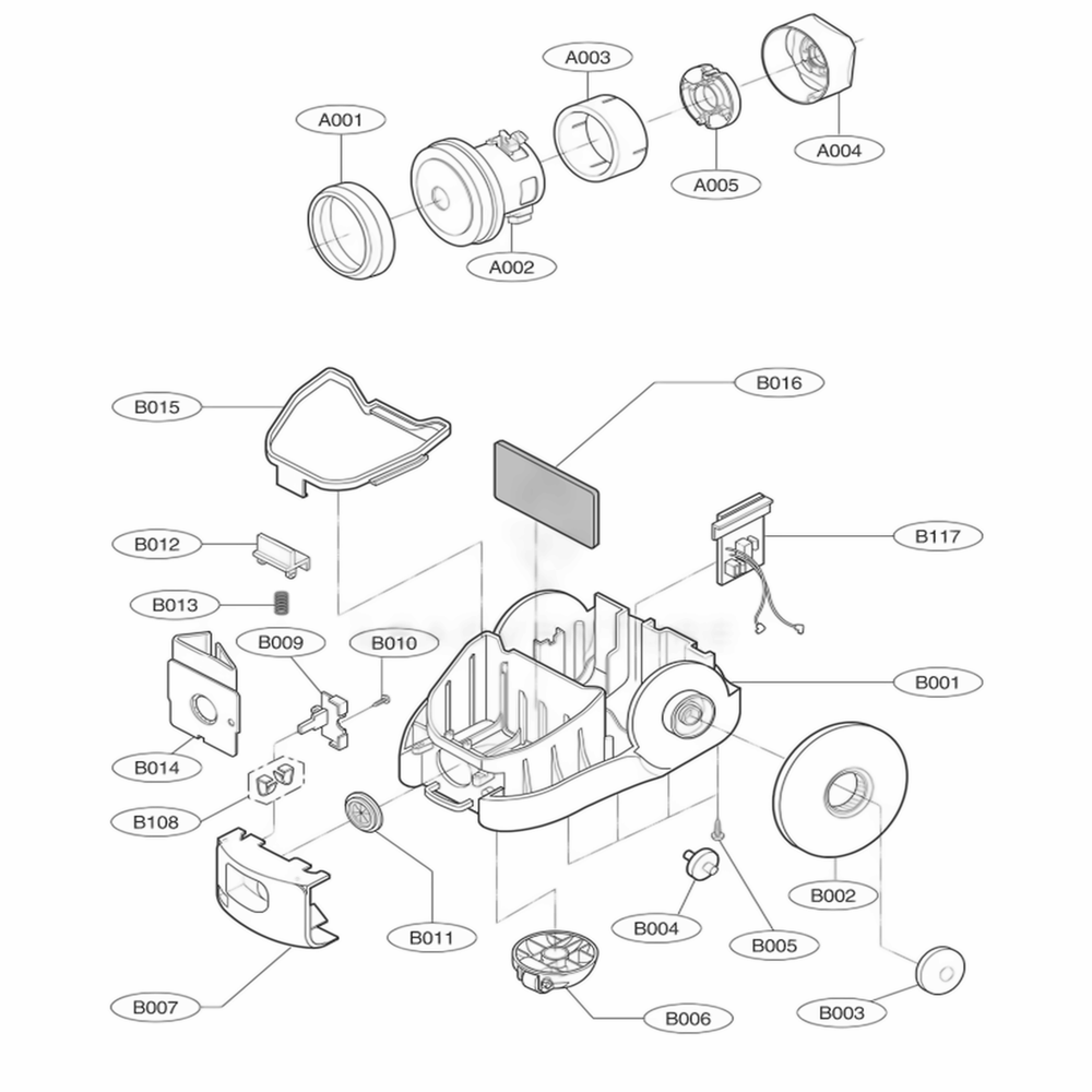 Base Assembly, Body Diagram and Parts List for 21325 ANBESRC LG Canister Vacuum