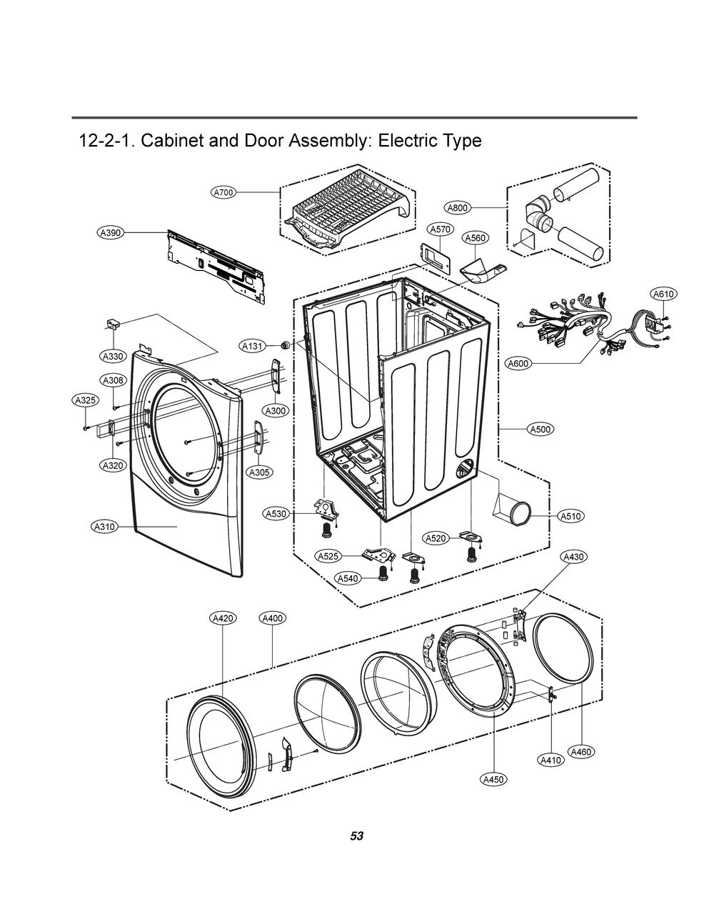 Cabinet And Door Assembly Diagram and Parts List for RV1399AA ABWEEUS LG Dryer