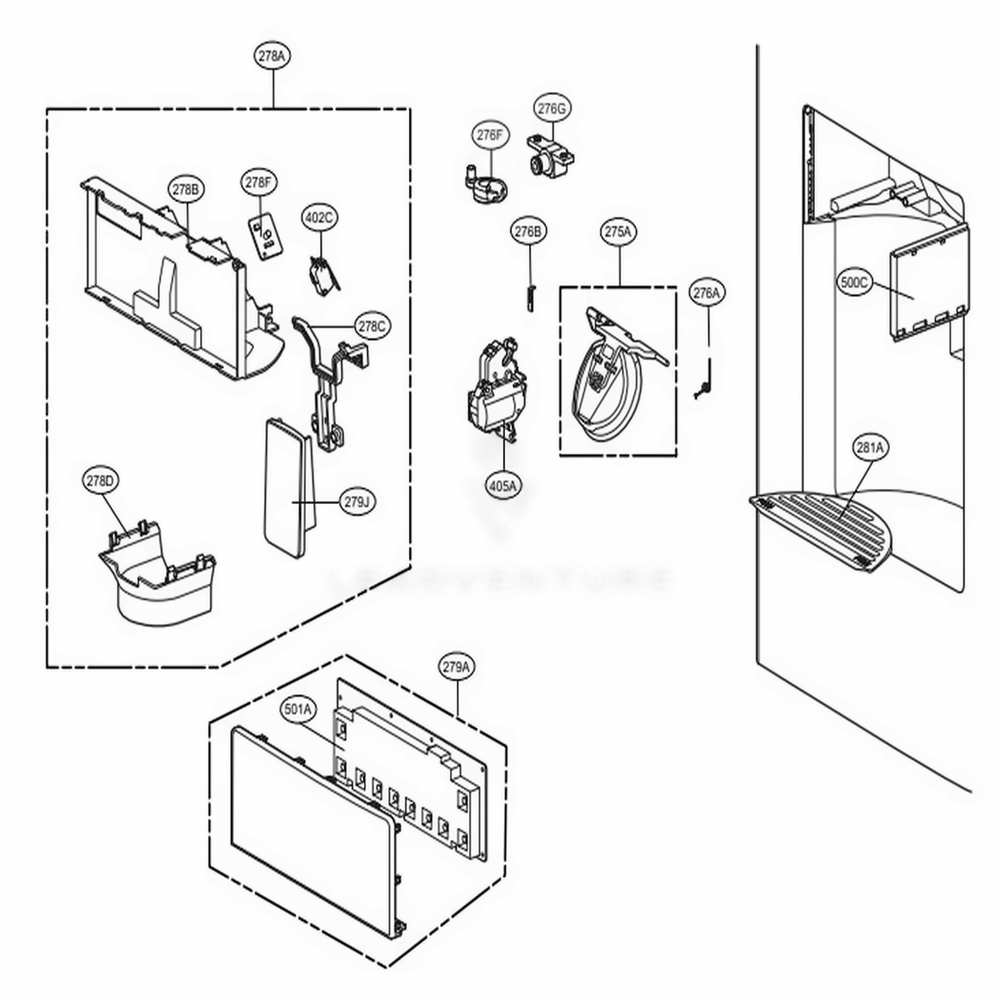 Dispenser Parts Diagram and Parts List for 73054 ABICSE0 LG Refrigerator