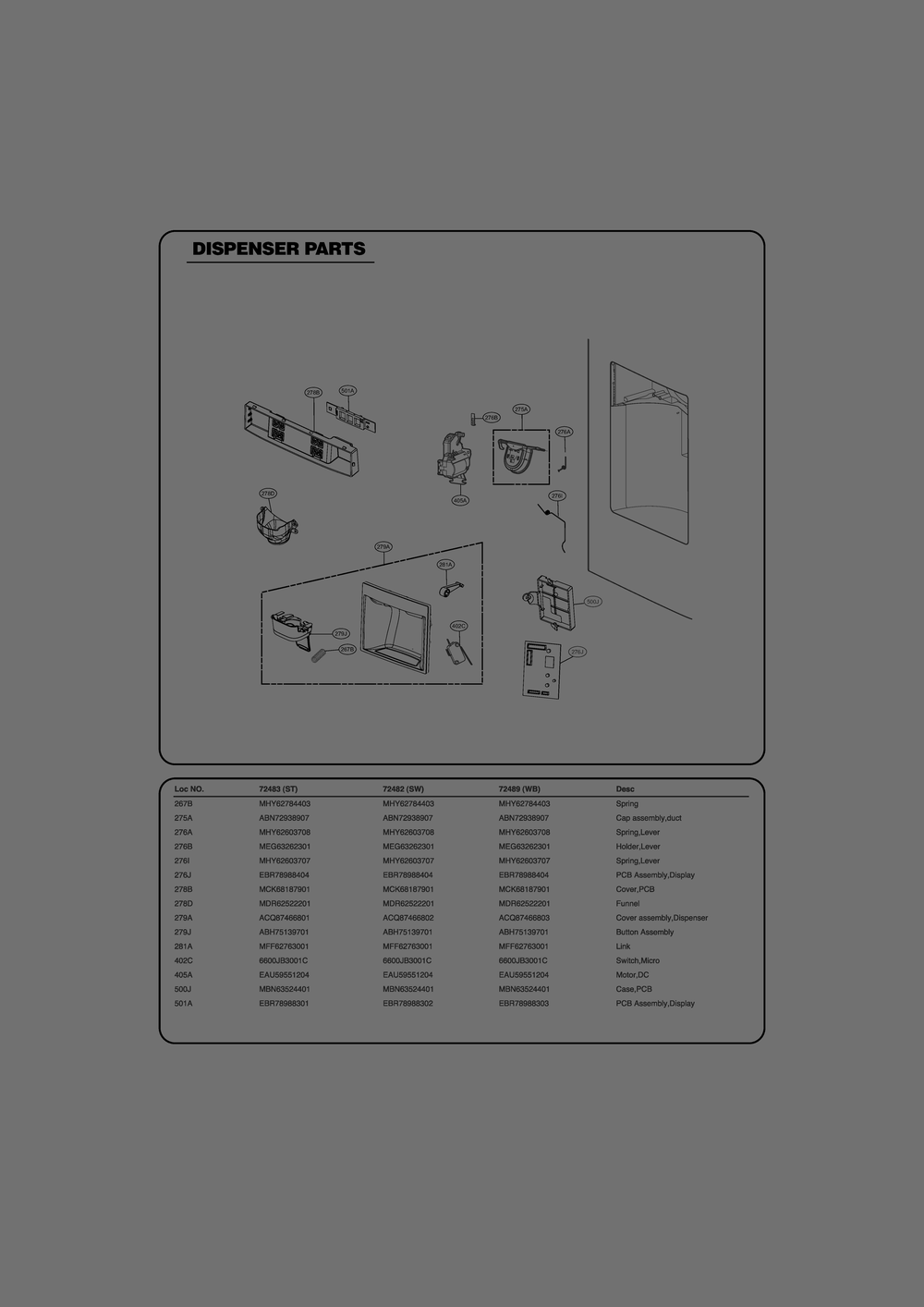 Dispenser Parts Diagram and Parts List for GR-L31GHQXM ASWCSE0 LG Refrigerator