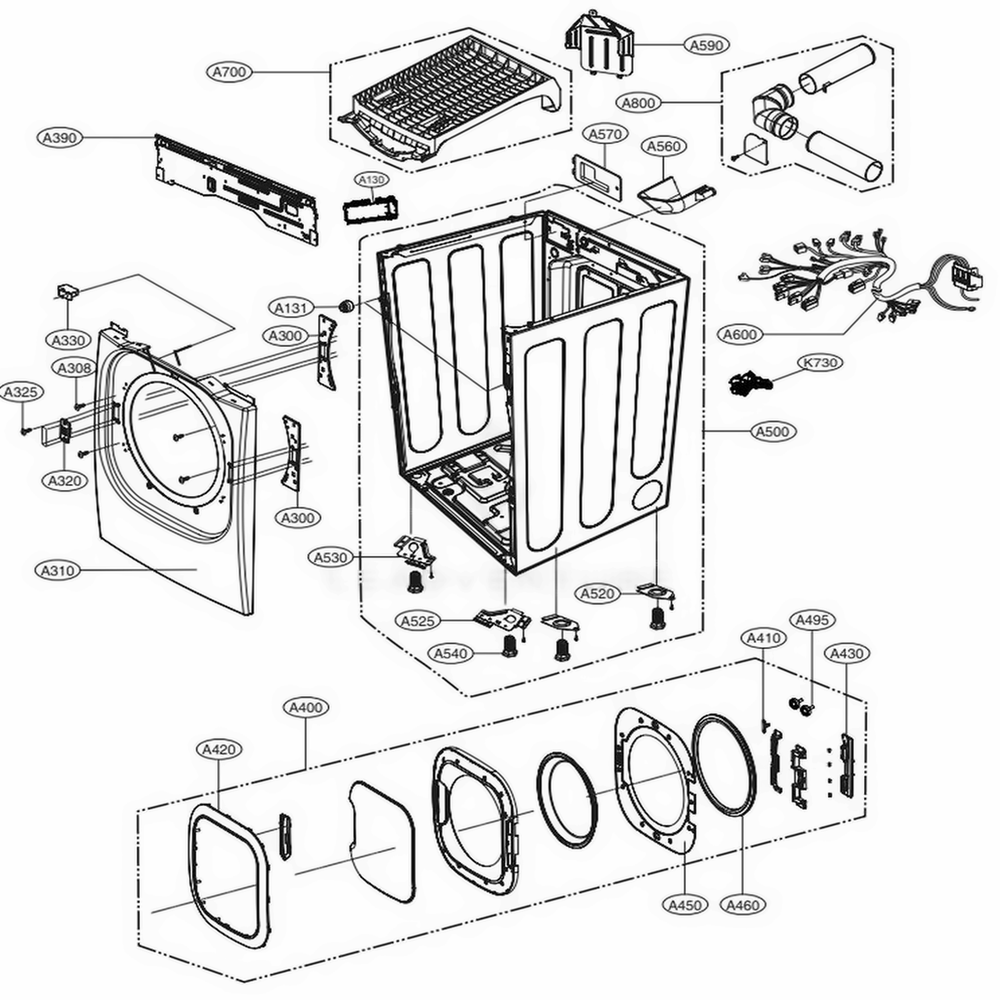 Cabinet And Door Assembly Electric Type Diagram and Parts List for DLEX4370W ABWEEUS LG Dryer