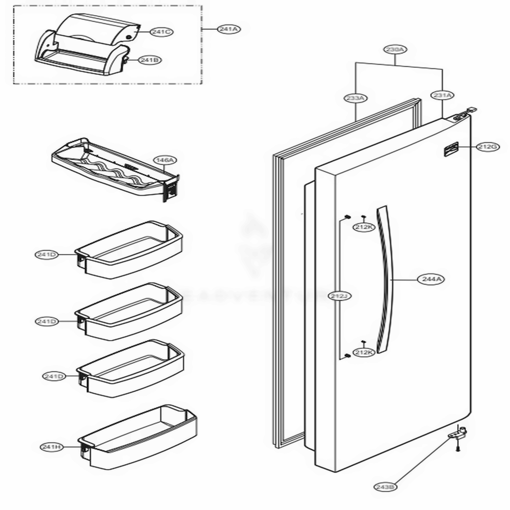 Refrigerator Door Diagram and Parts List for 51099 AWBCSE0 LG Refrigerator