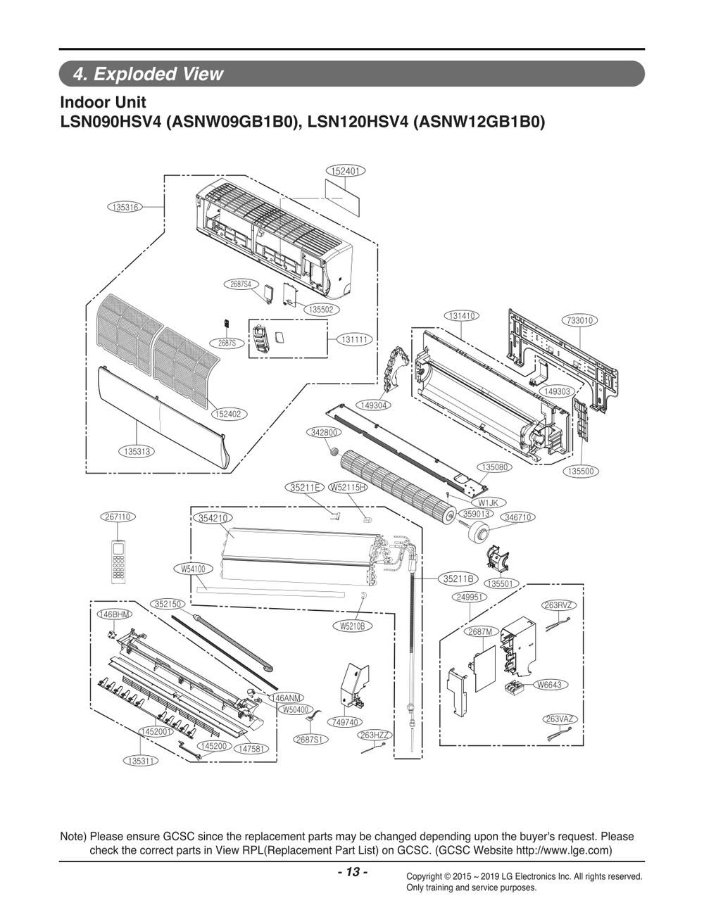 Indoor Unit Diagram and Parts List for ASNW12GB1B0 AWHBEUS LG Air Conditioner