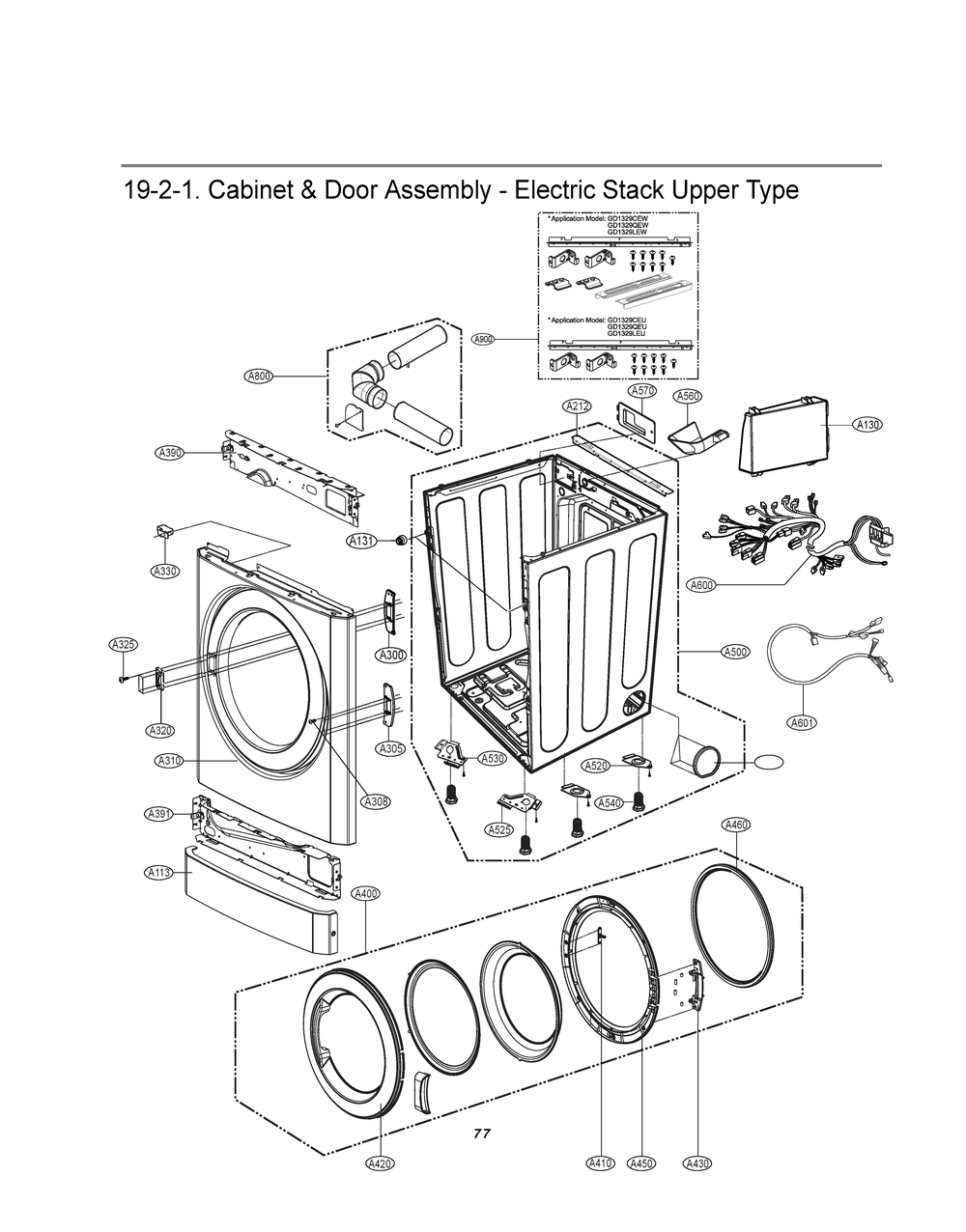 Cabinet And Door Assembly Diagram and Parts List for GDP1329QEW ABWEELC LG Dryer