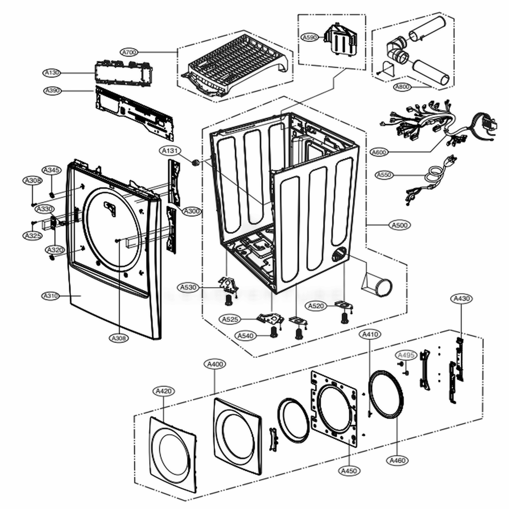 Cabinet And Door Assembly: Gas Type Diagram and Parts List for 91582 ABWESEU LG Dryer
