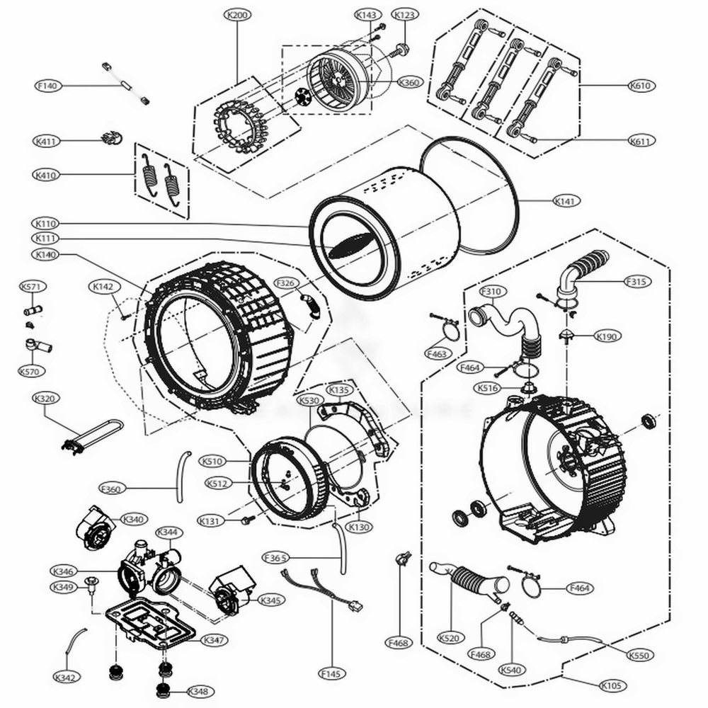 Drum And Tub Assembly Diagram and Parts List for WM3770HVA ASSEVUS LG Washer