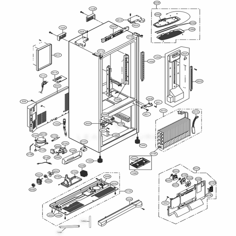 Case Parts Diagram and Parts List for 72303 ASTCSE0 LG Refrigerator