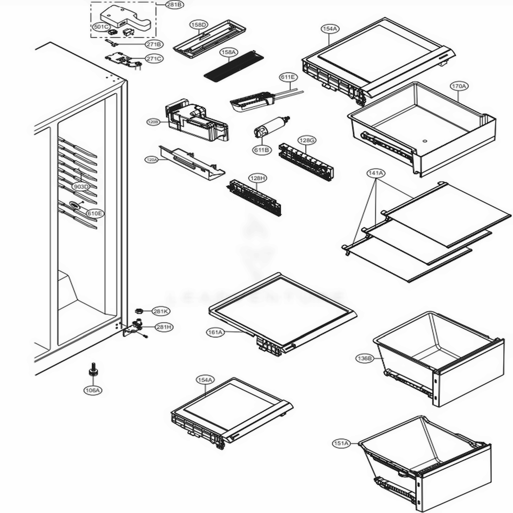 Refrigerator Compartment Diagram and Parts List for 51829 AWBCSE1 LG Refrigerator