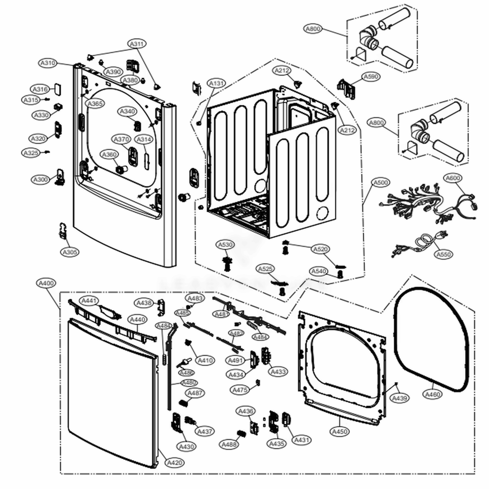 Cabinet And Door Assembly: Gas Type Diagram and Parts List for DLGX7701WE ABWEEUS LG Dryer