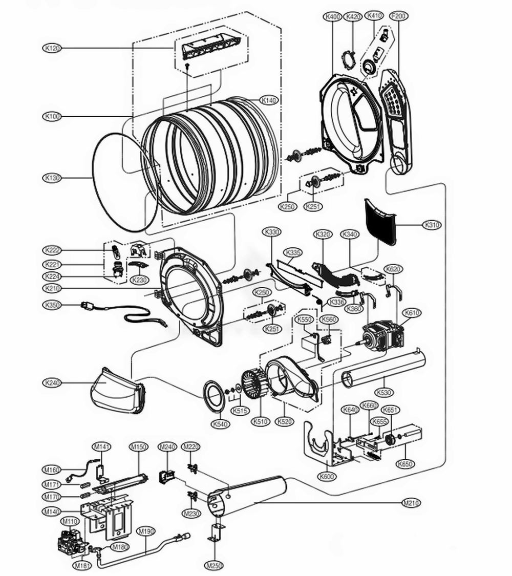 Drum And Motor Assembly: Gas Type Diagram and Parts List for 91379 ASRESEU LG Dryer
