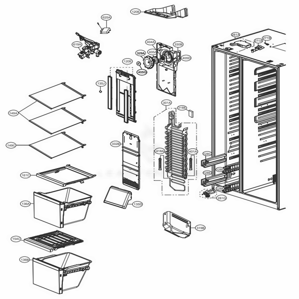Freezer Compartment Diagram and Parts List for 51853 ASTCSE0 LG Refrigerator