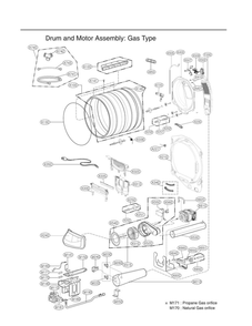 Drum/Motor Assembly: Gas Type Diagram and Parts List for DLGX7801WE 00 LG Dryer