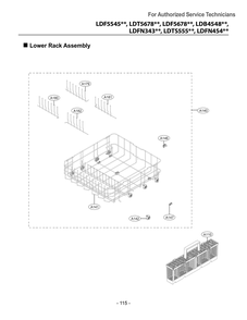 Lower Rack Assembly Diagram and Parts List for DUA513FT ASTESNA LG Dishwasher