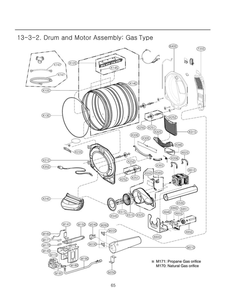 Drum And Motor Assembly: Gas Type Diagram and Parts List for DLG3601W 00 LG Dryer