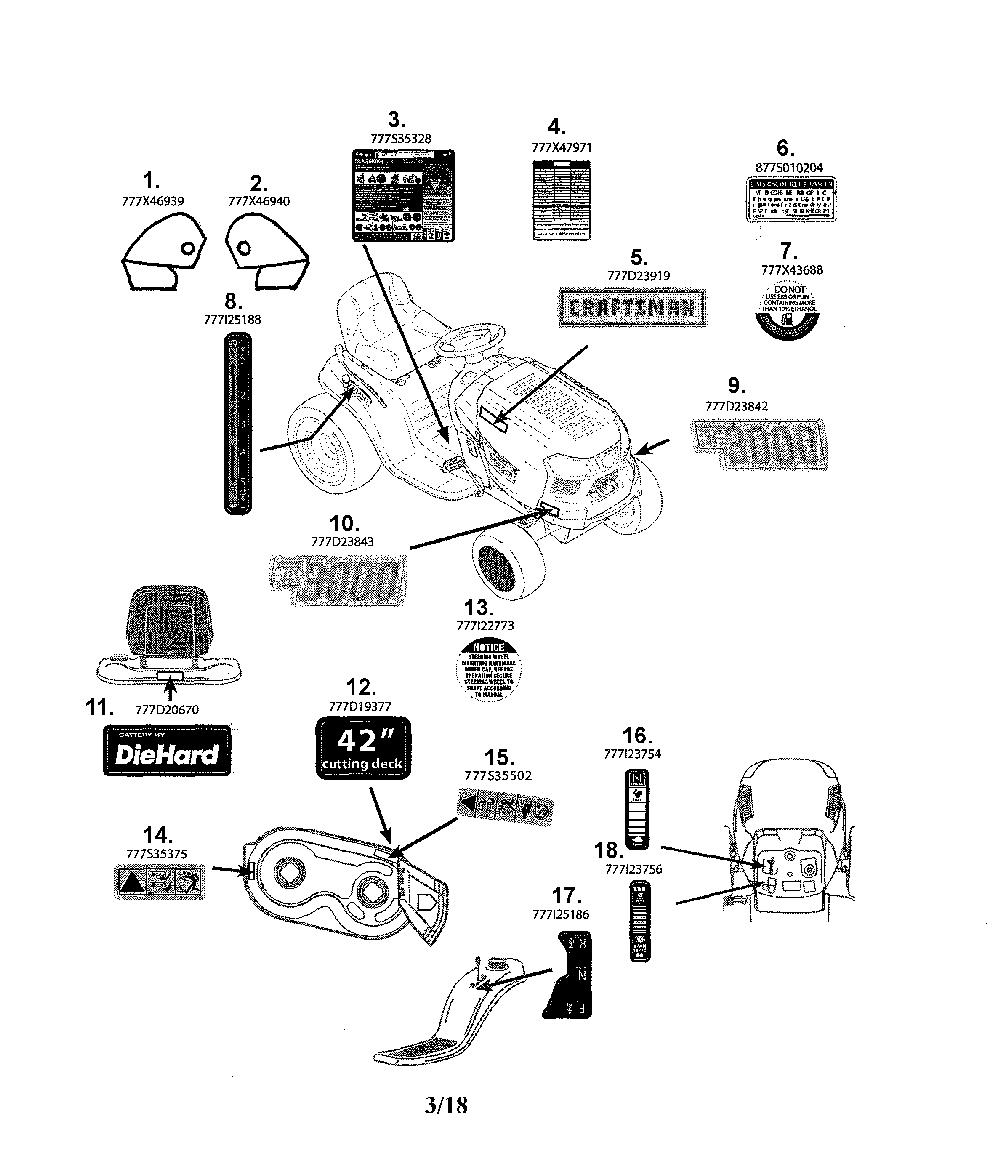 Decals Diagram and Parts List for 13BP78XS099  MTD Lawn Tractor