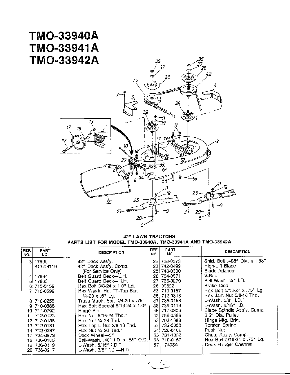 14hp 42" lawn tractor Diagram and Parts List for 33940A  MTD Lawn Tractor