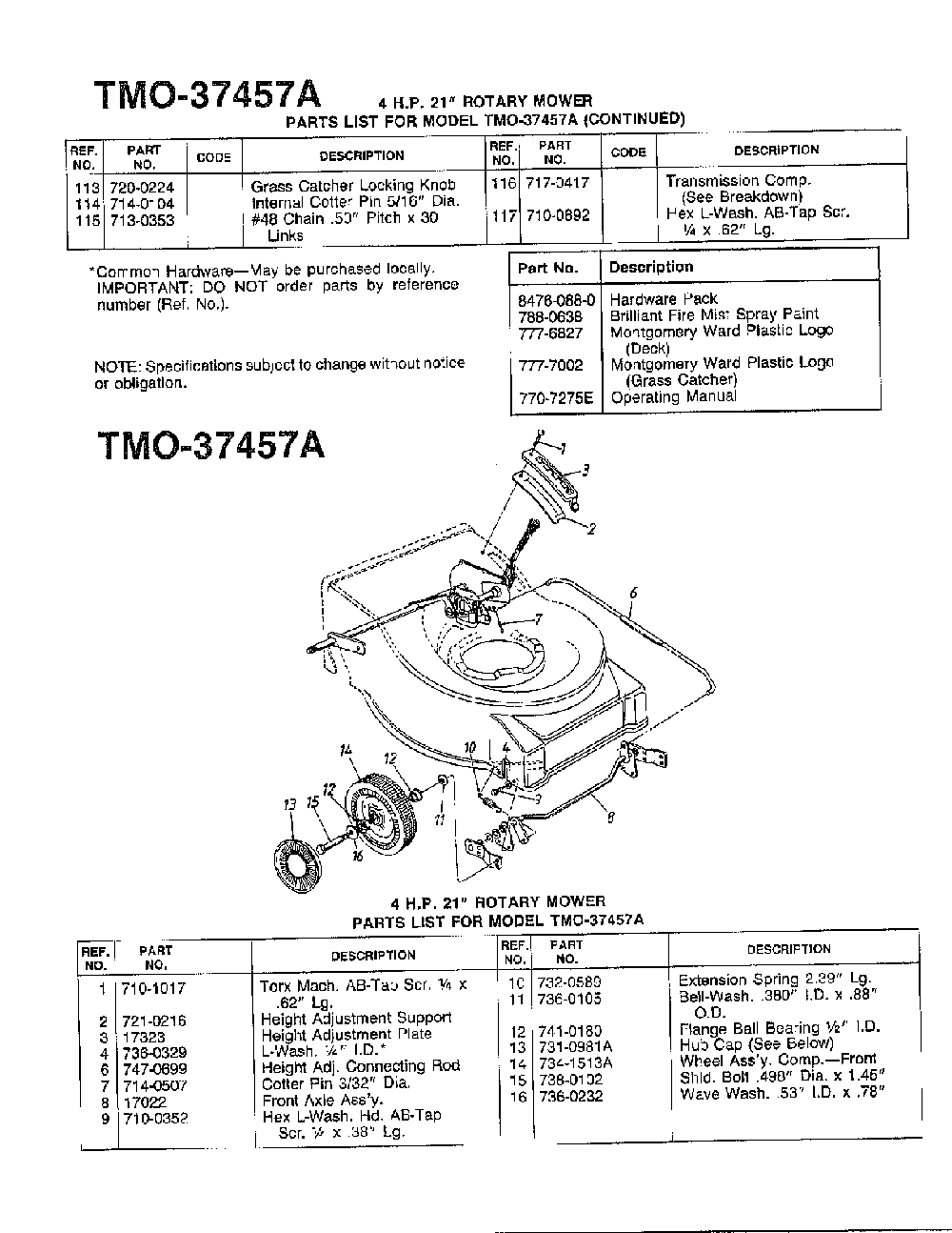 4hp 21" rotary lawn mower Diagram and Parts List for 37457A  MTD Lawn Mower
