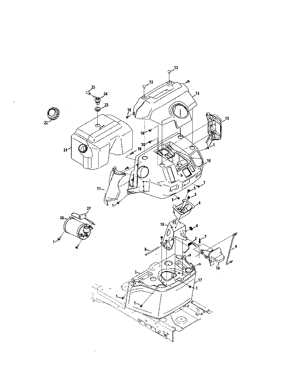 Fuel tank/dash panel Diagram and Parts List for 14B7A3ZW299  MTD Lawn Tractor