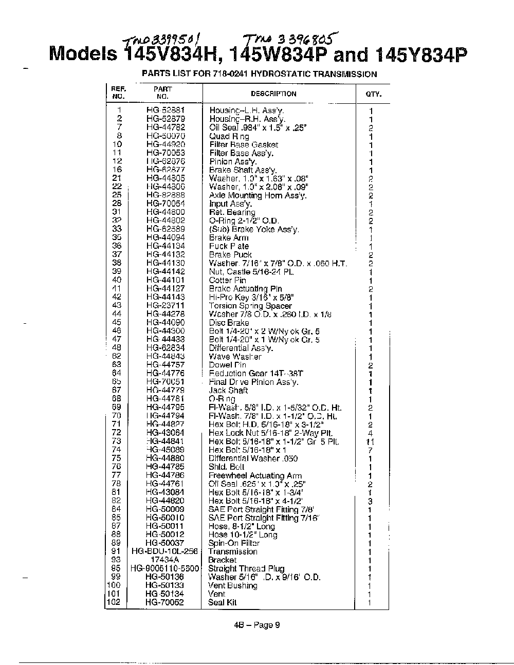 Hydrostatic transmission page 2 Diagram and Parts List for 145W834P401  MTD Lawn Tractor