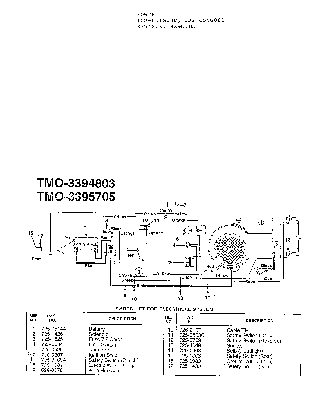 Electrical Diagram and Parts List for 3394803  MTD Lawn Tractor