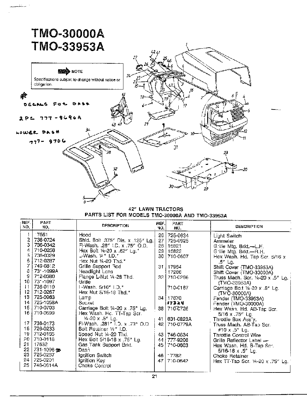 42" lawn tractors page 2 Diagram and Parts List for 33953A  MTD Lawn Tractor