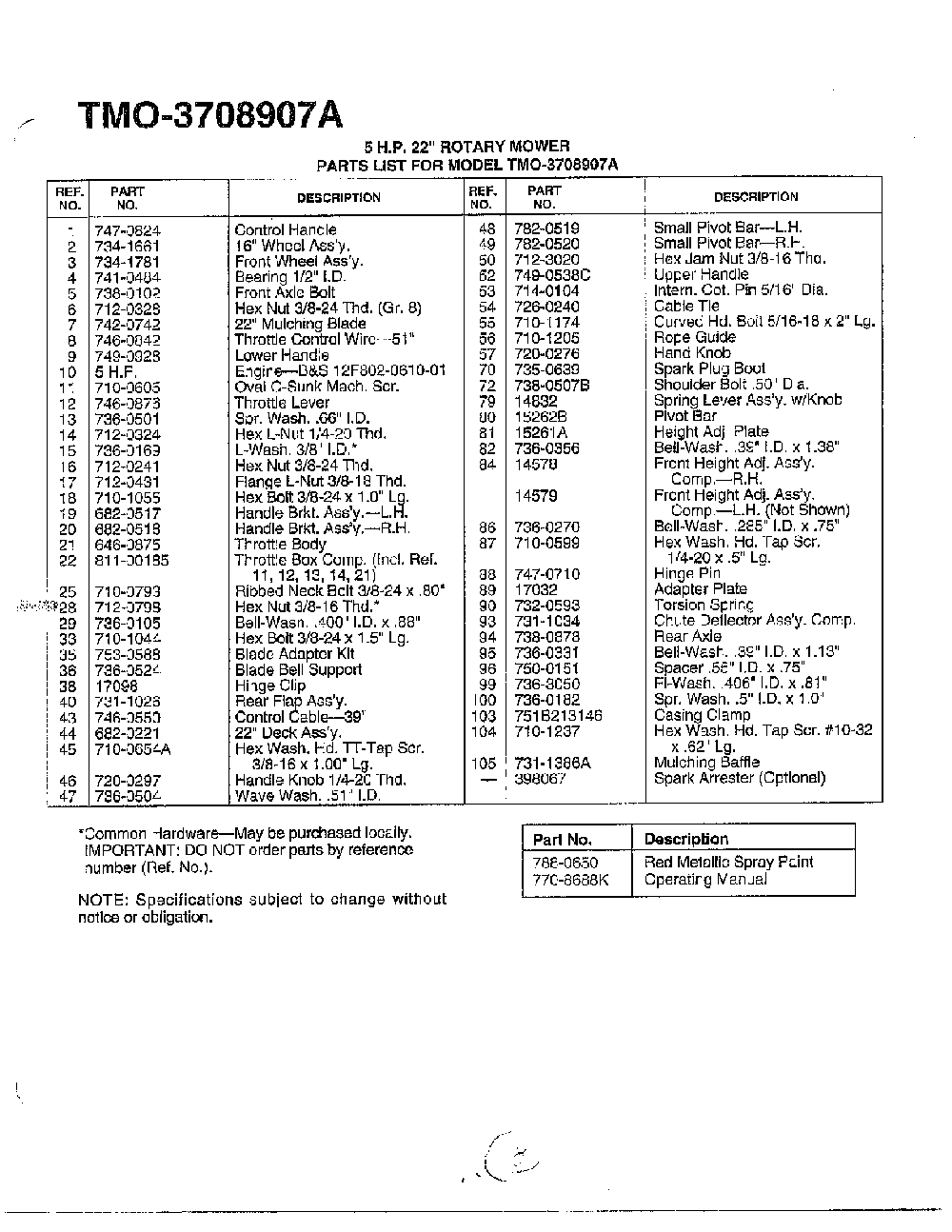 5hp 22" rotary mower page 2 Diagram and Parts List for 3708907A  MTD Lawn Mower