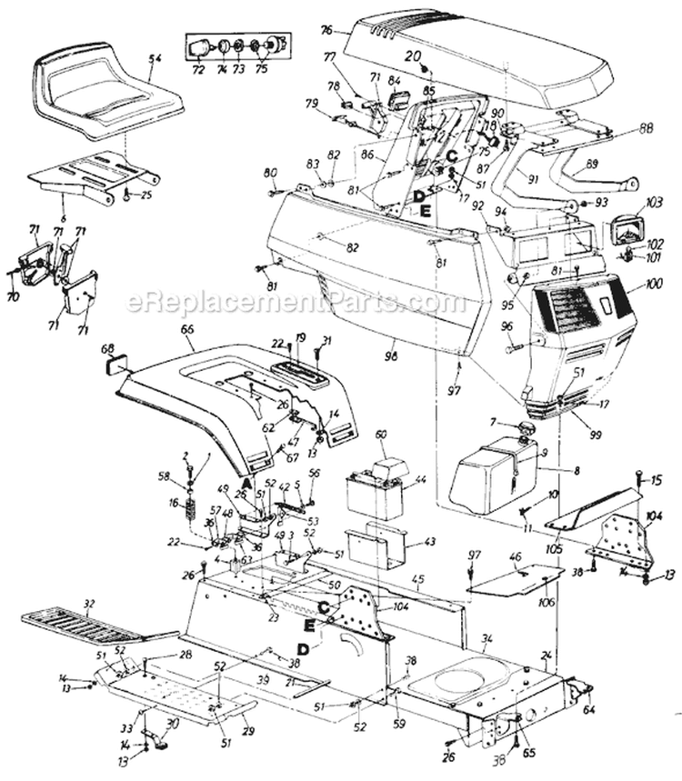 Page E Diagram and Parts List for 131734G 1991 MTD Lawn Tractor