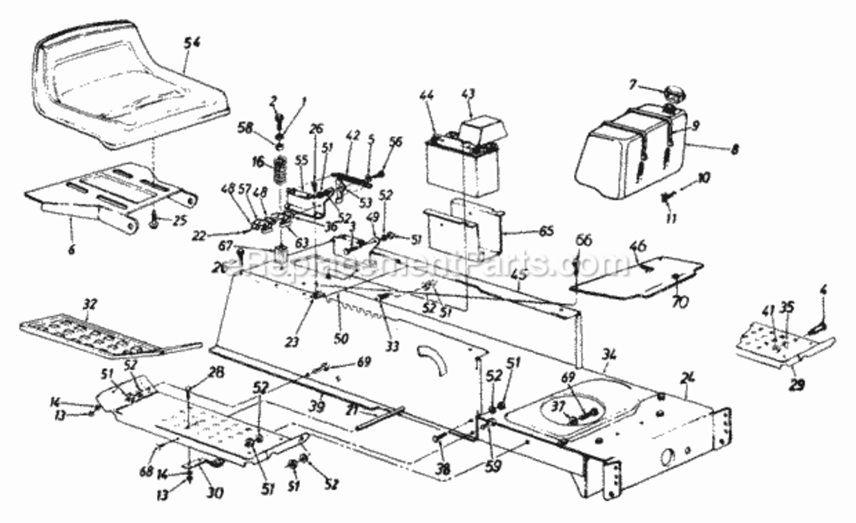 SeatBatteryFuel_TankFrame Diagram and Parts List for 133G699G000 1993 MTD Lawn Tractor