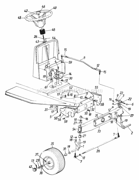 Wheels_FrontSteering_AssemblyAxle_Front Diagram and Parts List for 133H470F087 1993 MTD Lawn Tractor