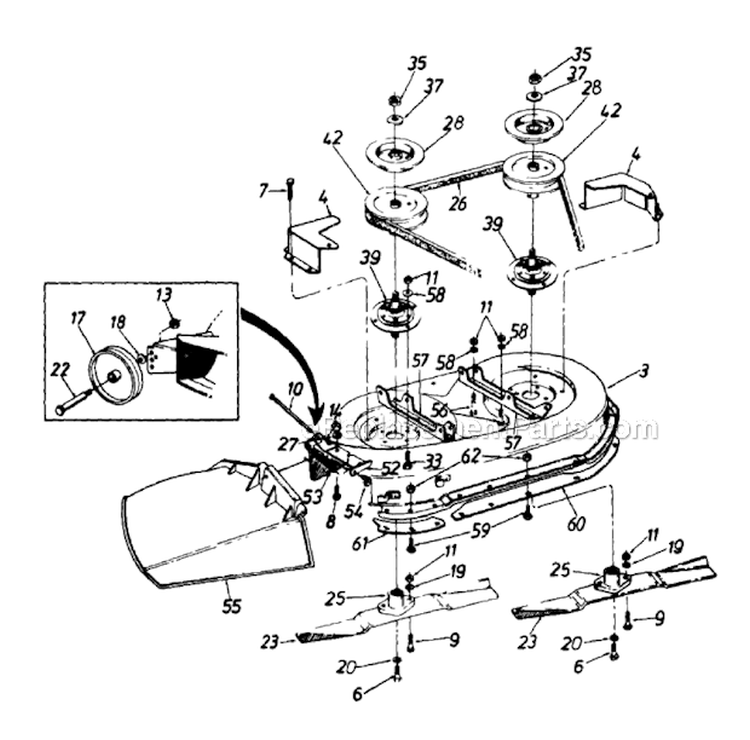 Deck Assembly Diagram and Parts List for 133K677G098 1993 MTD Lawn Tractor
