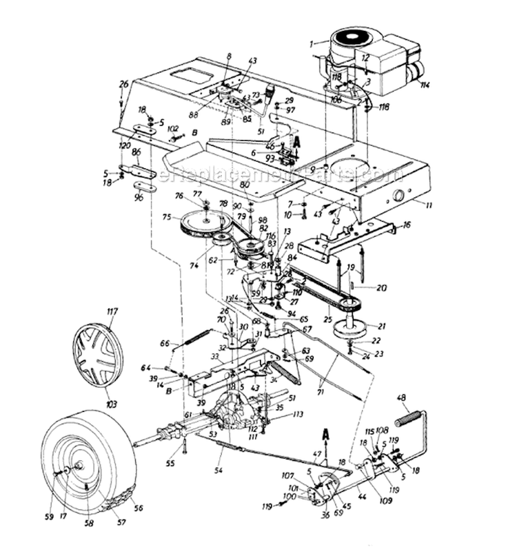 Engine And Wheel Assembly Diagram and Parts List for 133K677G098 1993 MTD Lawn Tractor
