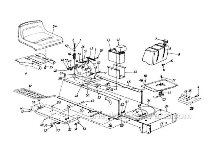 SeatBatteryFuel TankFrame Diagram and Parts List for 133K677G098 1993 MTD Lawn Tractor
