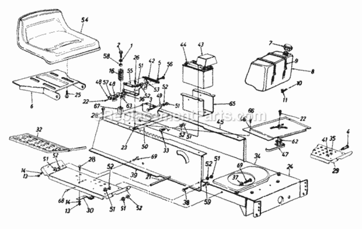 SeatBatteryFuel_TankFrame Diagram and Parts List for 133O673G000 1993 MTD Lawn Tractor