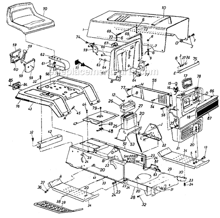 Page E Diagram and Parts List for 13705C 1986 MTD Lawn Tractor