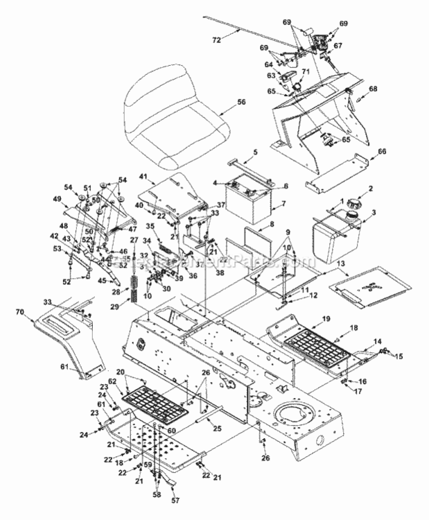 Seat_Fuel_Tank_Battery_Frame Diagram and Parts List for 13AD678G300 2002 MTD Lawn Tractor